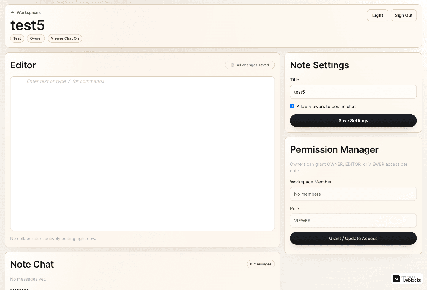 Note detail page showing the editor, note settings, and permission manager side by side.