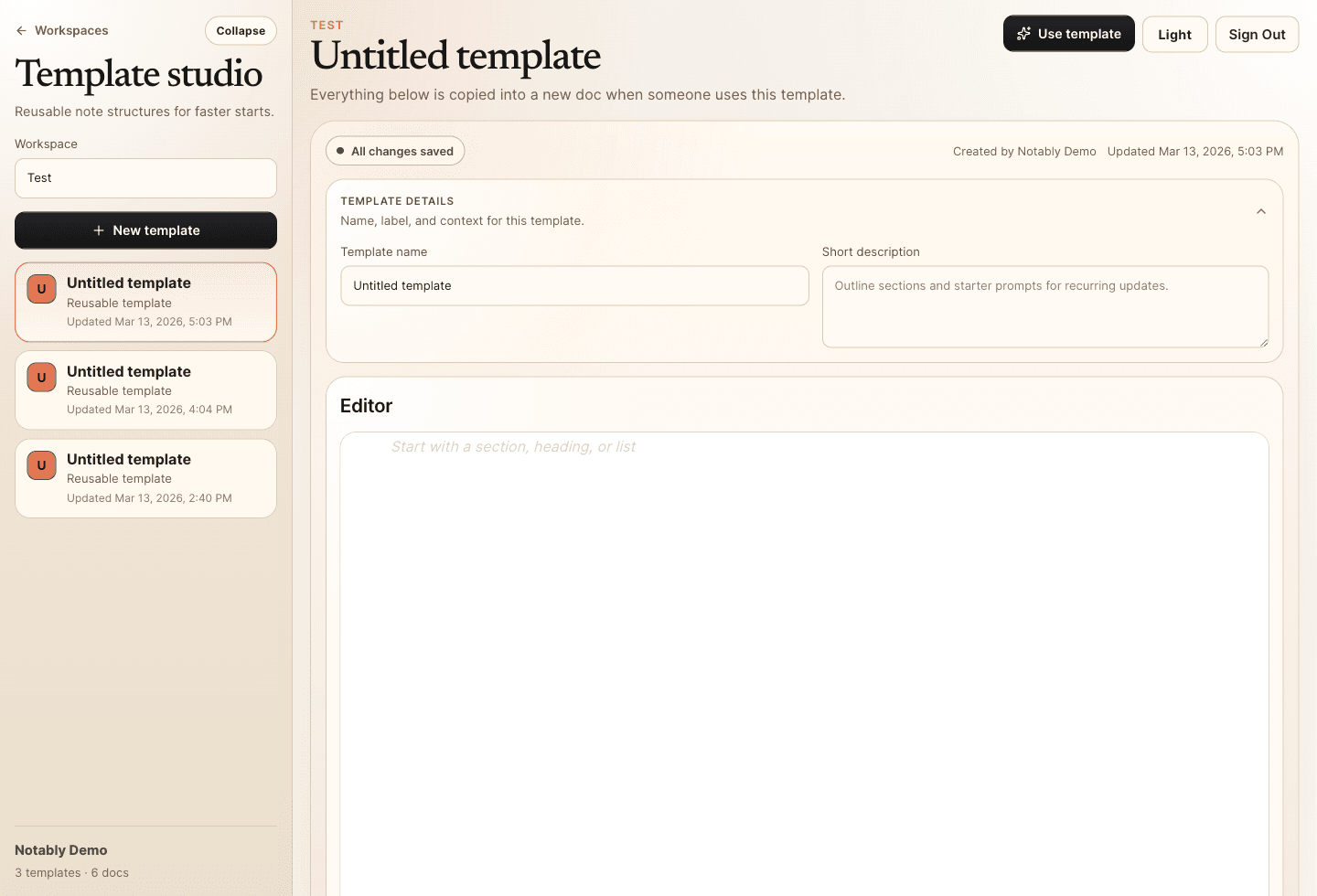Template studio showing the template list, details panel, and editor surface.