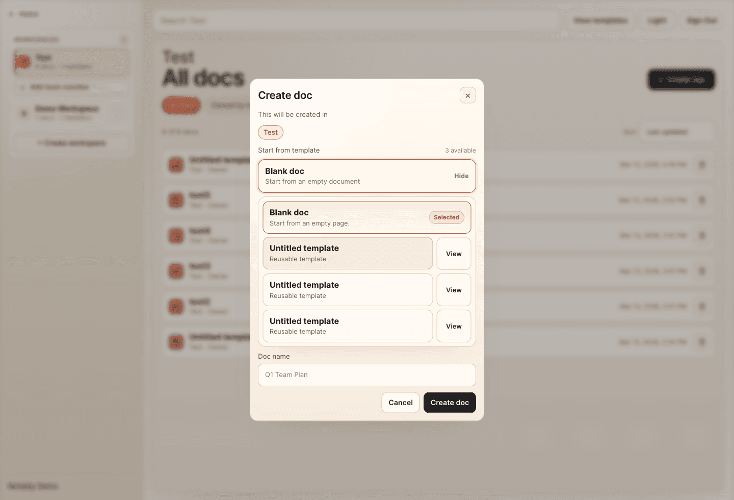 Create doc modal with built-in template selection and preview controls.
