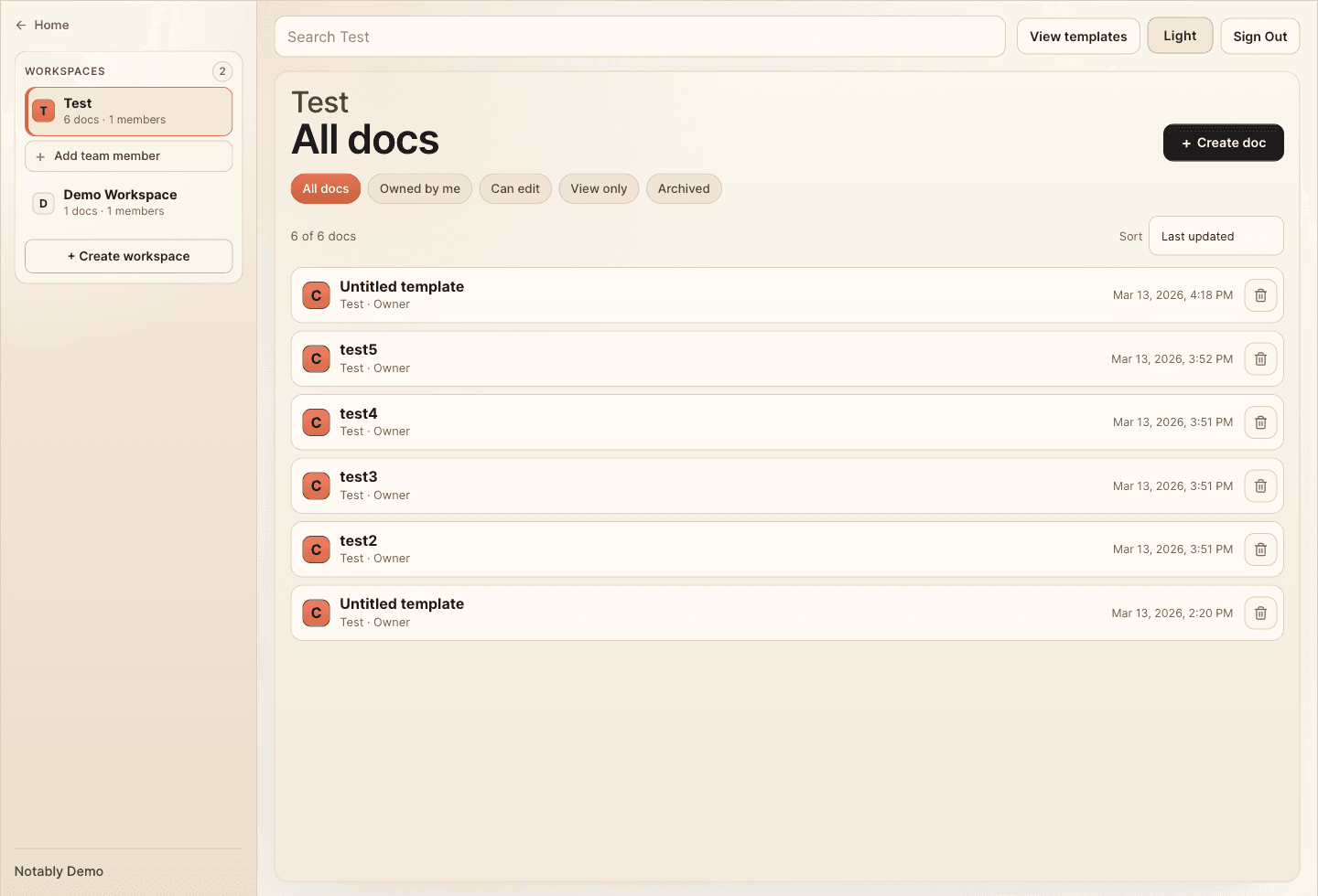 Workspace view showing a workspace sidebar, doc filters, and a structured list of notes.